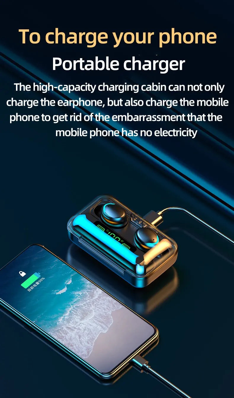 F9 TWS Earphones Wireless Bluetooth 9D HiFi Sports Noise Reduction Headphone Touch Control HD Call Earbuds In-Ear Gamer Headsets