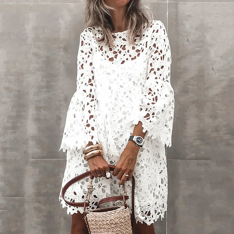 Spring Summer Sexy Lace Fashion White Embroidered Dress Elegant Solid Beach O-Neck Boho Casual Streetwear Female Party Vestido