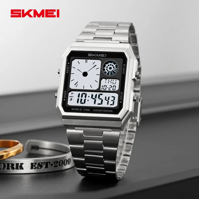 SKMEI Waterproof World Time Digital Electronic Watch For Men Women Outdoor Sport Stainless Steel Strip Wristwatches Reloj Hombre