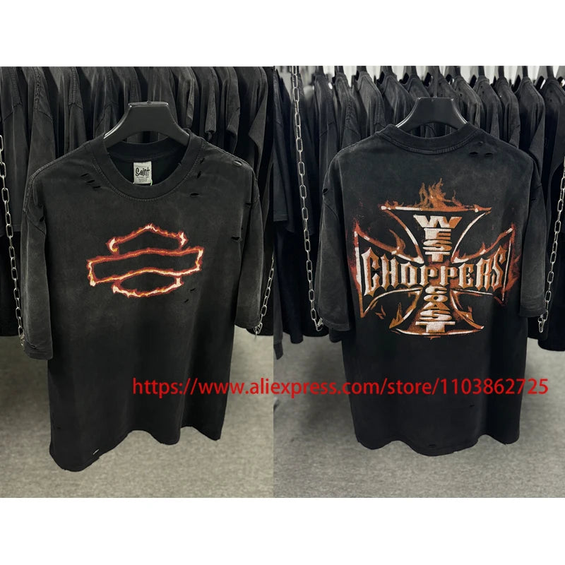 Fashionable Brand West Coast Choppers Short Sleeve T-shirt Ripped Hole Do Old High Quality Design Logo Print Tops Tees