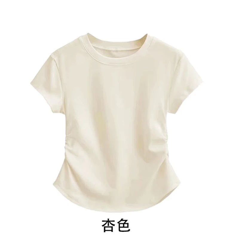 Summer 100% Cotton O Neck Sexy T Shirt Women Fashion Solid Color White Short Sleeve Tops Casual Skinny Slim Pullover Street Y2k