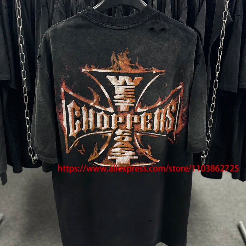 Fashionable Brand West Coast Choppers Short Sleeve T-shirt Ripped Hole Do Old High Quality Design Logo Print Tops Tees