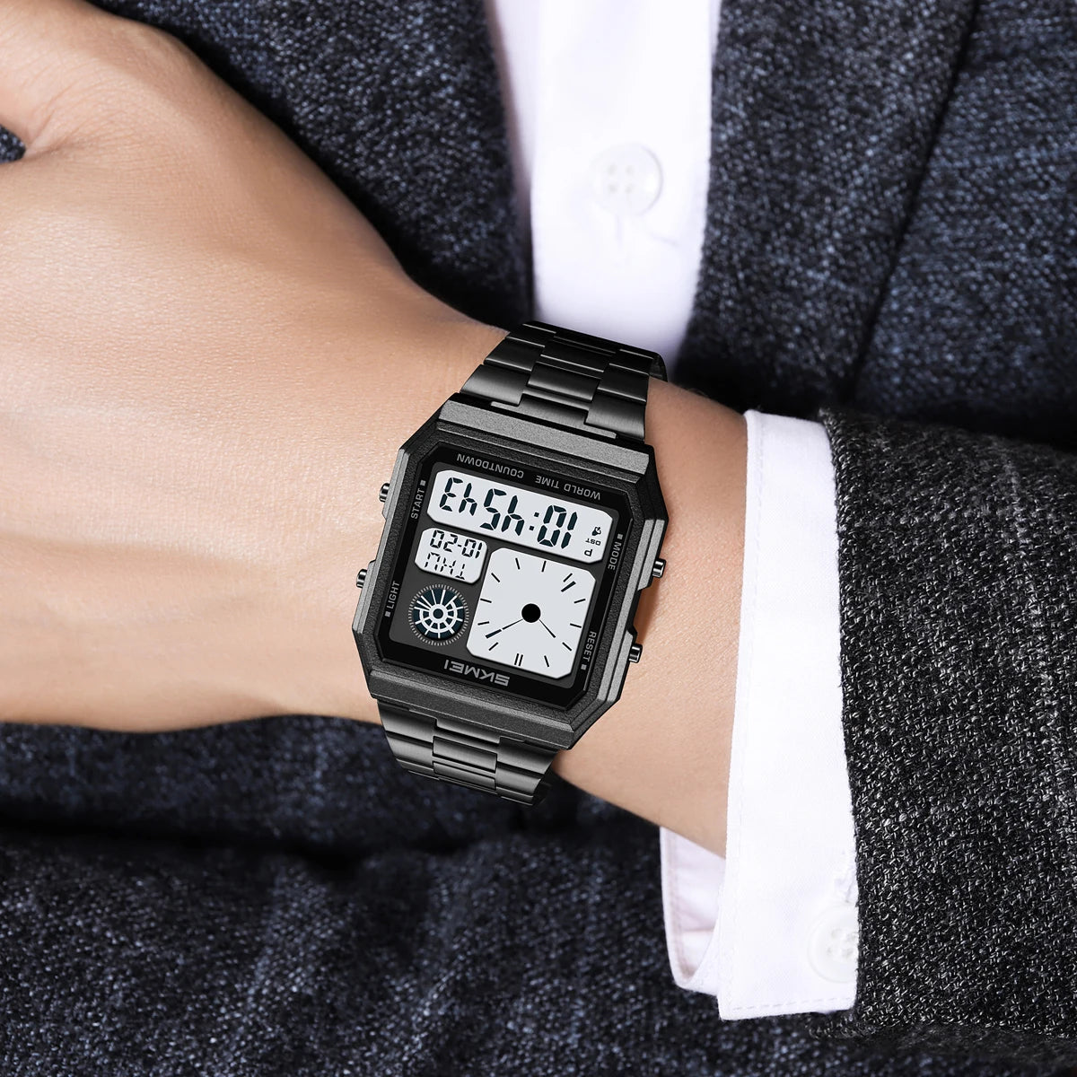 SKMEI Waterproof World Time Digital Electronic Watch For Men Women Outdoor Sport Stainless Steel Strip Wristwatches Reloj Hombre