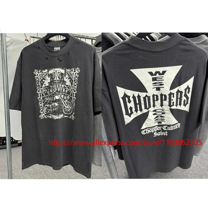 Fashionable Brand West Coast Choppers Short Sleeve T-shirt Ripped Hole Do Old High Quality Design Logo Print Tops Tees