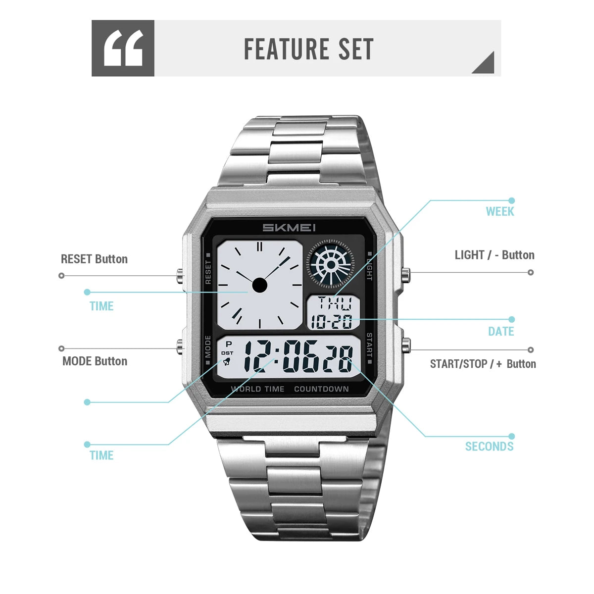 SKMEI Waterproof World Time Digital Electronic Watch For Men Women Outdoor Sport Stainless Steel Strip Wristwatches Reloj Hombre