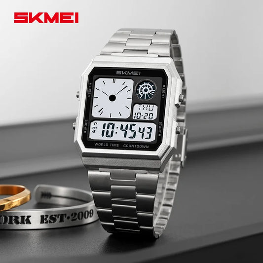SKMEI Waterproof World Time Digital Electronic Watch For Men Women Outdoor Sport Stainless Steel Strip Wristwatches Reloj Hombre