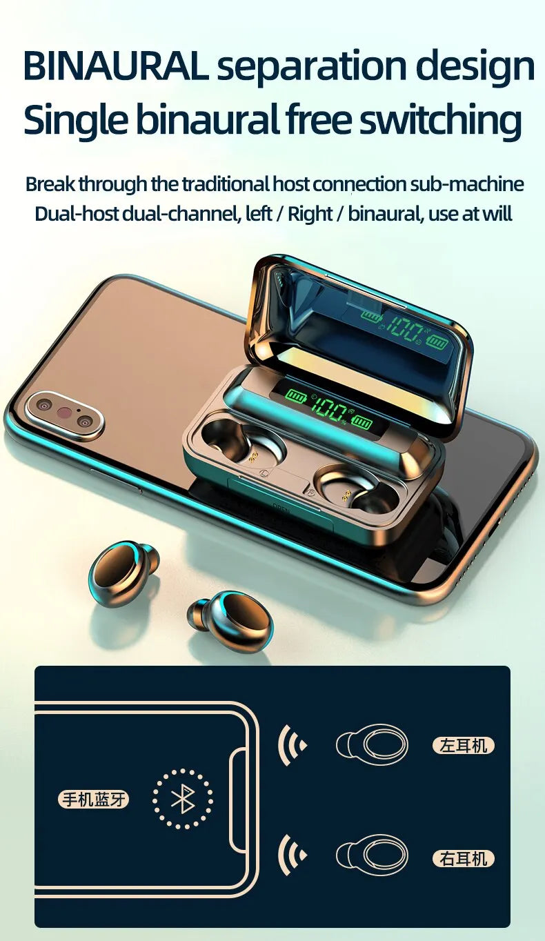 F9 TWS Earphones Wireless Bluetooth 9D HiFi Sports Noise Reduction Headphone Touch Control HD Call Earbuds In-Ear Gamer Headsets