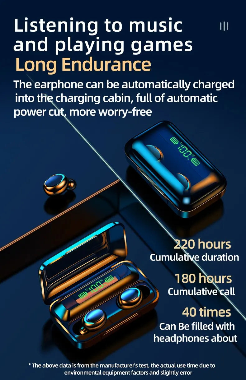 F9 TWS Earphones Wireless Bluetooth 9D HiFi Sports Noise Reduction Headphone Touch Control HD Call Earbuds In-Ear Gamer Headsets