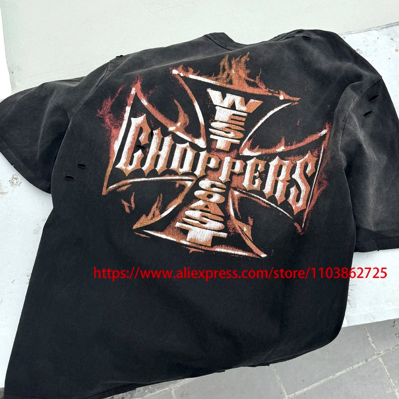 Fashionable Brand West Coast Choppers Short Sleeve T-shirt Ripped Hole Do Old High Quality Design Logo Print Tops Tees