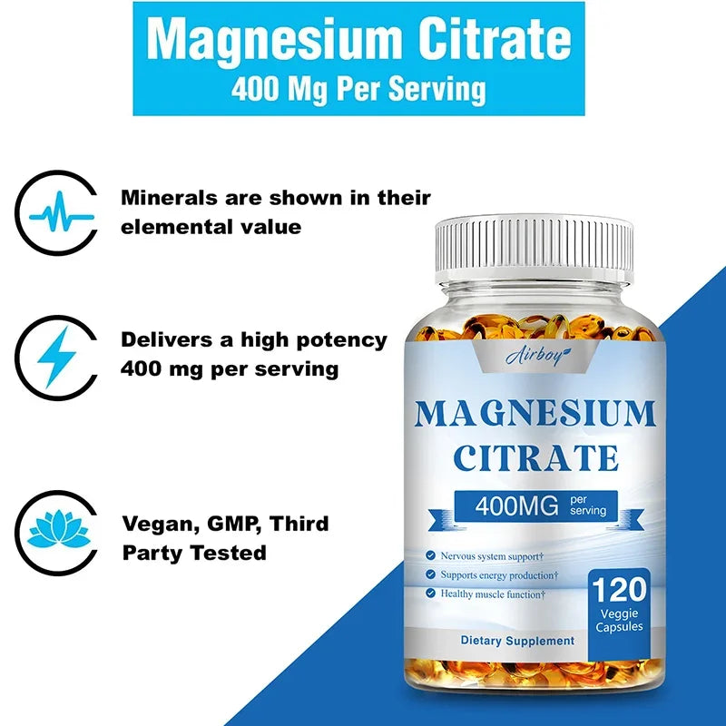 Magnesium Citrate Capsules - for Muscle, Nerve, Bone and Heart Health - Gluten Free, Non-GMO
