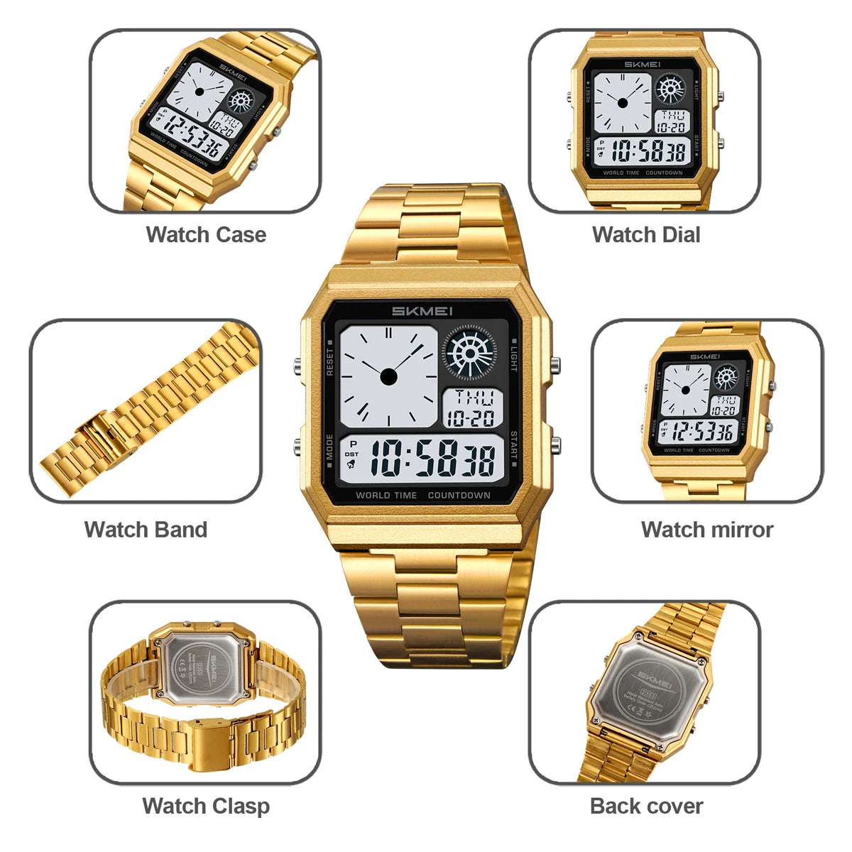 SKMEI Waterproof World Time Digital Electronic Watch For Men Women Outdoor Sport Stainless Steel Strip Wristwatches Reloj Hombre