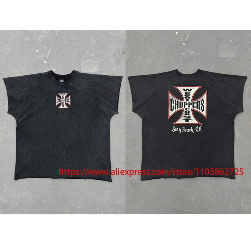 Fashionable Brand West Coast Choppers Short Sleeve T-shirt Ripped Hole Do Old High Quality Design Logo Print Tops Tees