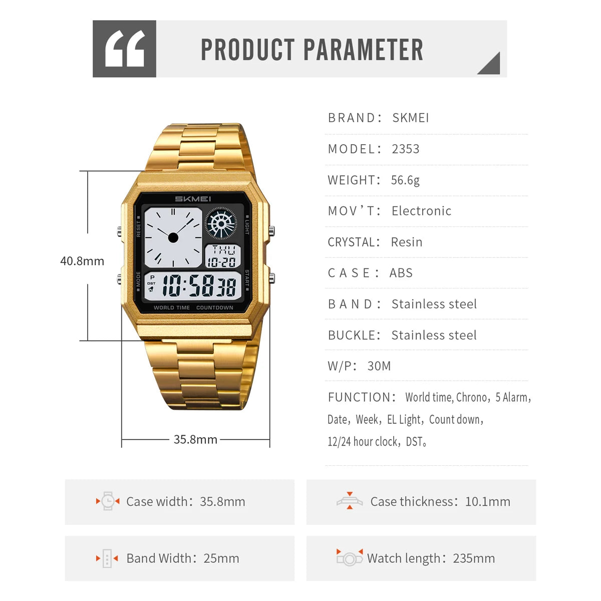 SKMEI Waterproof World Time Digital Electronic Watch For Men Women Outdoor Sport Stainless Steel Strip Wristwatches Reloj Hombre