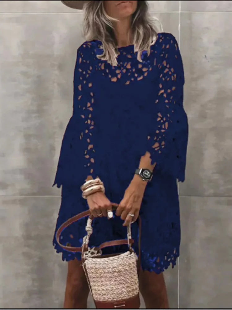 Spring Summer Sexy Lace Fashion White Embroidered Dress Elegant Solid   Beach O-Neck Boho Casual Streetwear Female Party Vestido