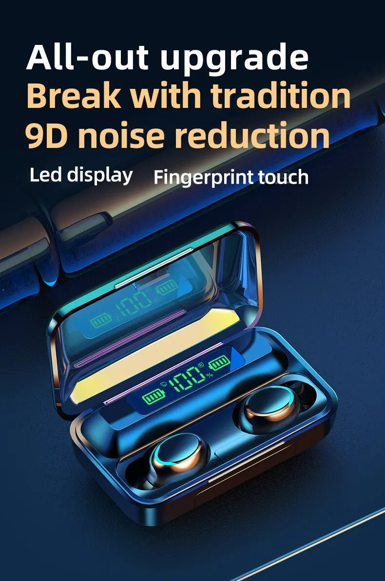 F9 TWS Earphones Wireless Bluetooth 9D HiFi Sports Noise Reduction Headphone Touch Control HD Call Earbuds In-Ear Gamer Headsets